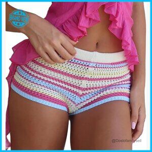 Y2K Striped Knitted Mini Shorts Low Rise Stretchy Crochet Summer Beachwear